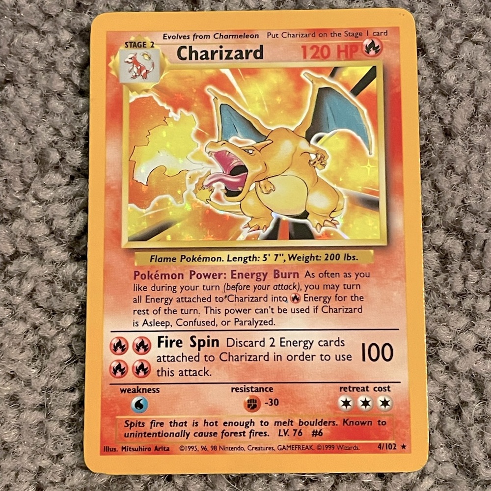 100% Authentic 1999 Pokémon TCG Rare Holographic Charizard 4/102